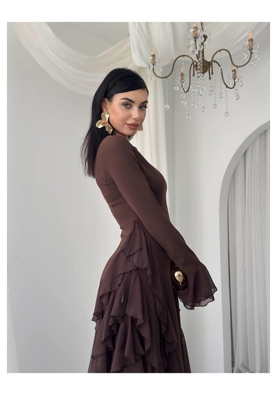 Nils Butik Fırfır Detaylı Abiye Elbise Kahverengi