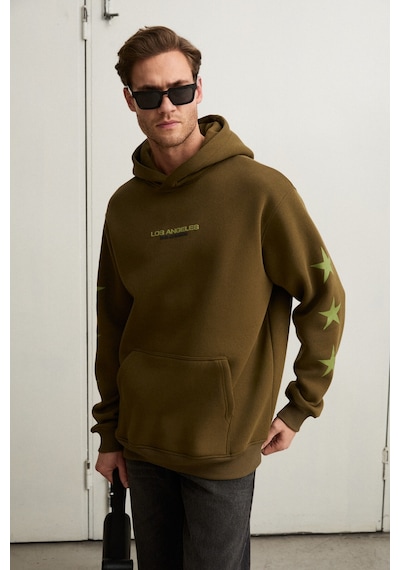 Grimelange Tuxon Erkek Yumuşacık İçi Polarlı Baskı Detaylı Kangru Cepli Regular Haki Sweatshirt Haki