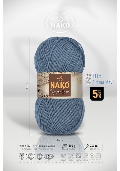 Süper İnci - 185 Fırtına Mavi - 5'li Paket - 100gr/260m - El Örgü İpi - Atkı Yelek Kazak İpi