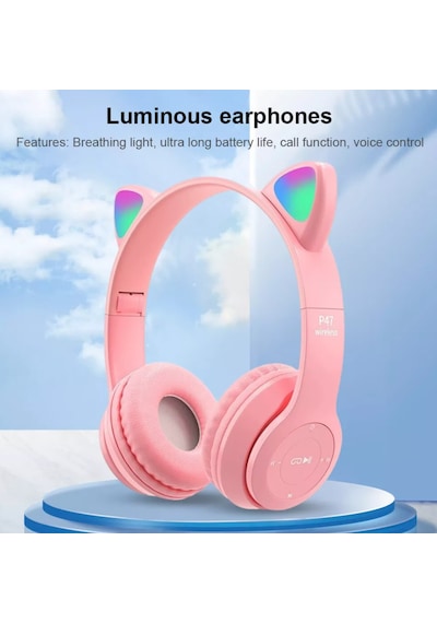 Qasul P47 Kedi Kulak Led Işıklı Kablosuz Bluetooth Mikrofonlu Hafıza Kulaklık 