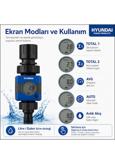 Hyundai G22105 Dijital Su Akış Ölçer Debimetre Bahçe Sulama Su Sayacı