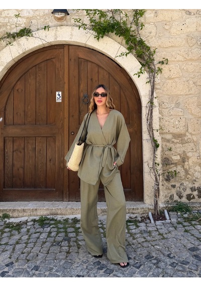 Laluvia Haki Tek Düğmeli Kuşaklı Kimono Takım - 007