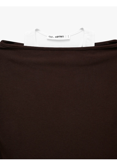 Koton Slim Fit Asimetrik Yaka Katmanlı Uzun Kollu Tişört Kahverengi 7wal10328ık Kahve
