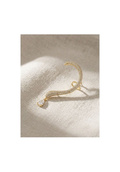 Premium Gold Renk Zirkon Taşlı Ear Cuff Sallantılı Damla Detaylı Kıkırdak Kelepçe Kadın Bijuteri Küpe Altın