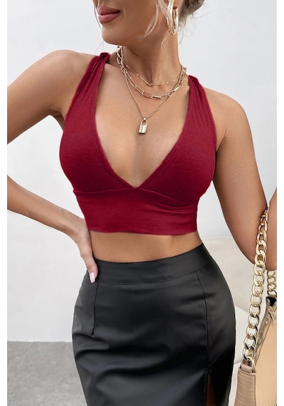 Fantezia Night Kadın Lila Çapraz Sırt Detaylı Şık Crop Top Büstiyer Bordo