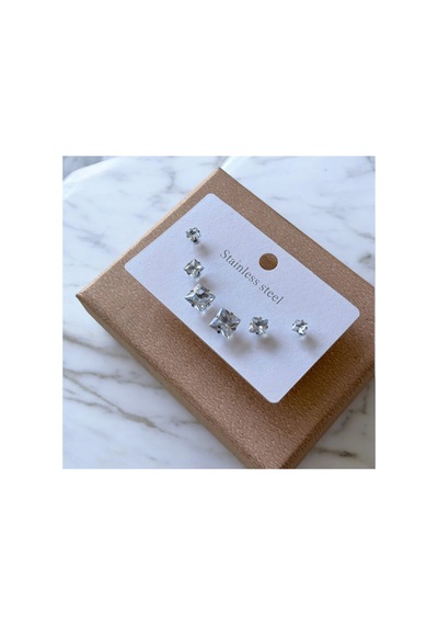 Stainless Üç 3 Çift Kare Şık Günlük Casual Çelik Küpe Seti 10 Gold