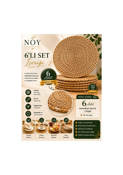 Ranner Amerikan Servisi Hasır Supla 6'lı Set 32 Cm Masa Dekorasyonu Hasır
