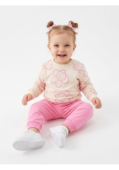 HelloBaby Pamuklu Çiçek Detaylı 2li Kız Bebek Takım Pembe