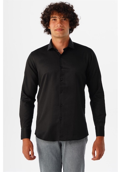 Süvari Siyah Slim Fit Armürlü Klasik Yaka Gömlek