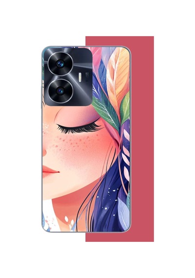 Realme C55 Uyumlu Renkli Yaprak Saçlı Kız.jpeg Baskılı Silikon Kılıf