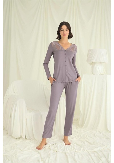 Aria's Closet Aesco Yakası Kolu Ve Omzu Dantelli Boydan Düğmeli Pijama Takımı Karışık-çok Renkli