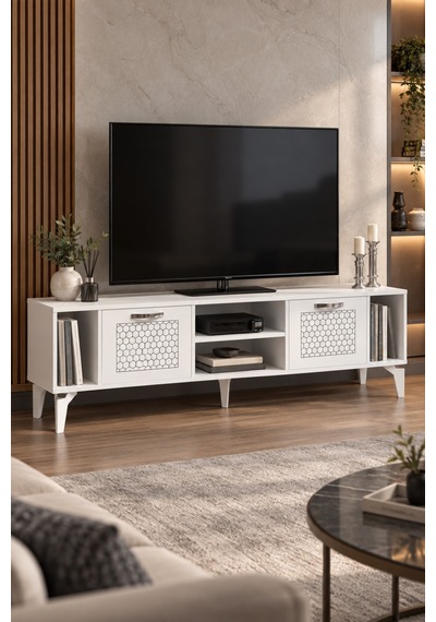 Sulorahome Gümüş Çizgili Beyaz Tv Sehpası 160 Cm Beyaz - Gümüş