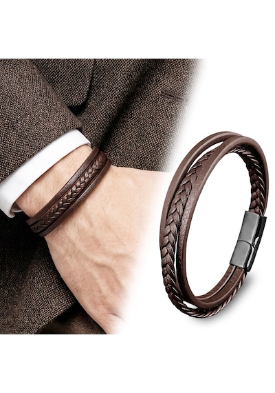 Moncuk Design Kahverengi Deri Erkek Bileklik Titanyum Çelik Manyetik Kilitli 33513b14d4