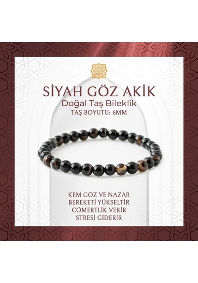 Saff Doğaltaş Siyah Göz Akik 6 MM Doğal Taş Bileklik Çok Renkli