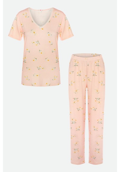 Kadın Viskon Yaka Dantel Lastik Detaylı V Yaka Kısa Kollu Pijama Takımı Kk30118 Ekru