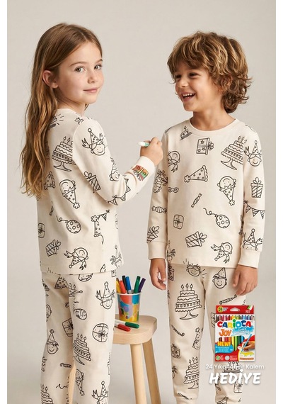 Zuzunga Boyanabilir Doğum Günü Temalı Çocuk Pijama Takımı Yıkanabilir 24-lü Kalem Hediyeli Ekru