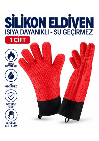 Silikon Eldiven - 1 Çift - Isıya Dayanıklı - Su Geçirmez Kırmızı