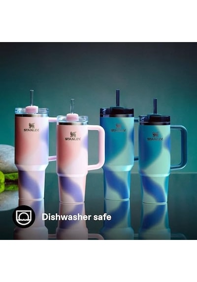 Pipetli Termos Bardak, 0.89 Litre, Turkuaz Desenli Coastal Teal Açık Beyaz