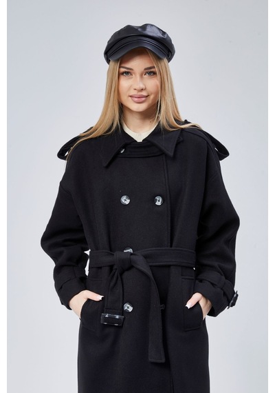 Kuşaklı Oversize Kaşe Kaban Siyah