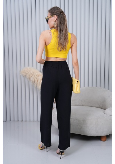 Polologin Butik Beli Bağcıklı Yüksek Bel Bol Paça Siyah Pantolon Siyah