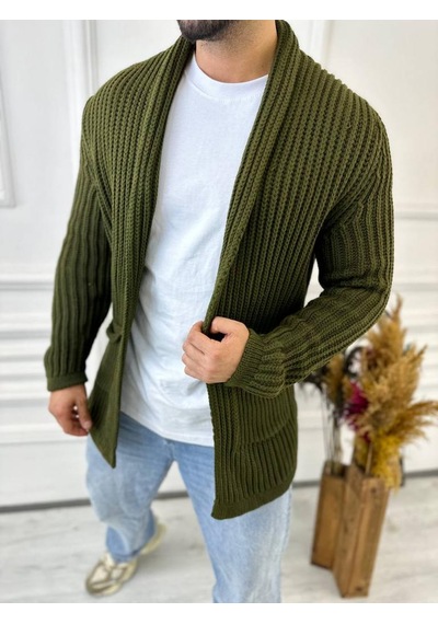 Elku Moda Hırka Kalın Örgü Şal Yaka Cepli Panço Triko Hırka Yeşil