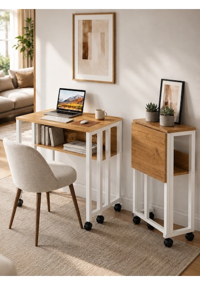 Sidney Kitaplık Raflı Katlanır Masa 70 Cm Tekerli Bilgisayar Masası Laptop Masası Beyaz - Çam Sidney Kitaplık Raflı Katlanır Masa 70 Cm Tekerli Bilgisayar Masası Laptop Masası Beyaz - Çam