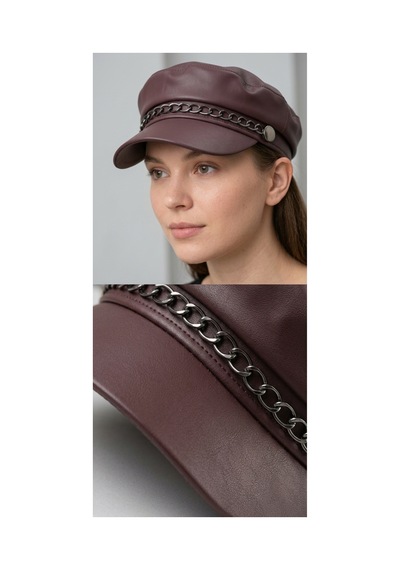 Emybox Zincir Detaylı Siyah Deri Kasket Şapka Kadın Kışlık Newsboy Şapkası Suni Deri Şık Kasket Modeli Mürdüm