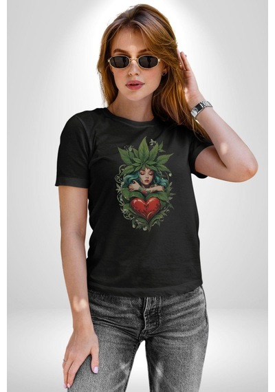 Kalp Parmak Kız Yeşillik Mutluluk Unisex Unisex Siyah Organik Baskılı T-shirt Penye Yüksek Kalite Siyah
