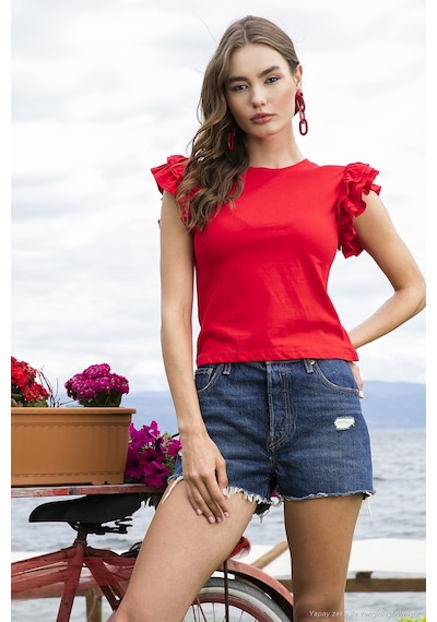 Lela Pamuklu Kolları Fırfırlı Slim Fit Bisiklet Yaka Bayan T Shirt 5864500 Kırmızı Lela Pamuklu Kolları Fırfırlı Slim Fit Bisiklet Yaka Bayan T Shirt 5864500 Kırmızı