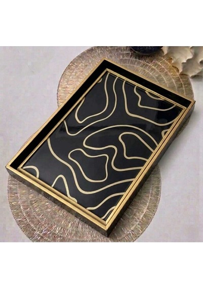 Modern Soyut Desenli Siyah-gold Çerceveli Dekoratif Sunum Tepsisi