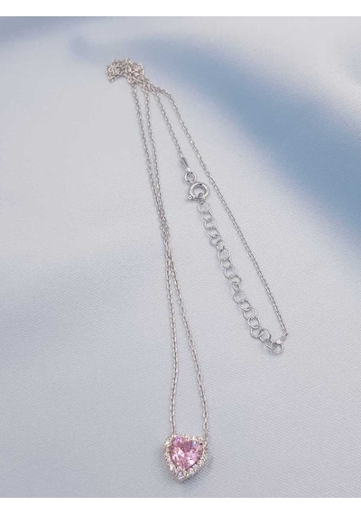 Swarovski Pembe Kalp Taşlı  S Model Gümüş Kolye