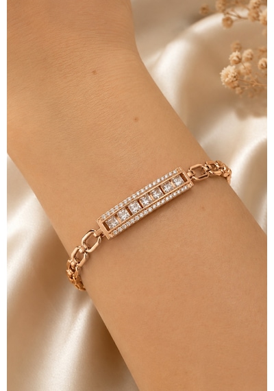 Sertifikalı 316l Çelik Rose Gold Kaplama Taş Detaylı Özel Kilitli Kadın Bileklik Altın