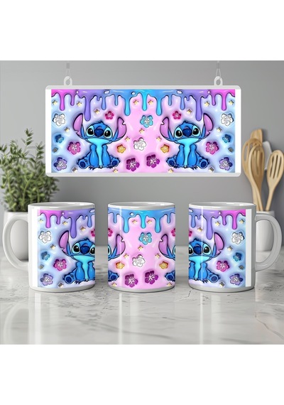 Stitch Pastel Mor Mavi Tasarımlı Kupa Bardak - Lilo And Stitch Hayranlarına Özel Hediye Beyaz