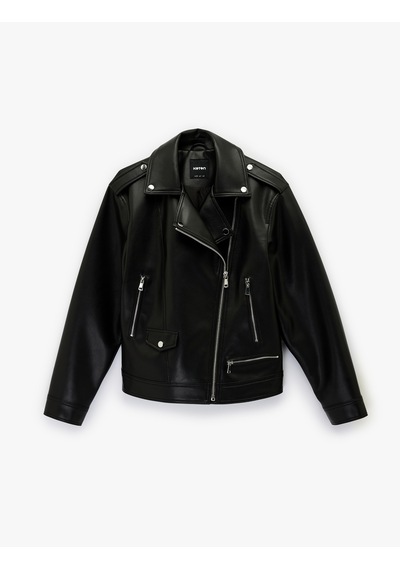 Koton Uzun Kollu Fermuarlı Oversize Biker Suni Deri Ceket Siyah 6sak20014ew