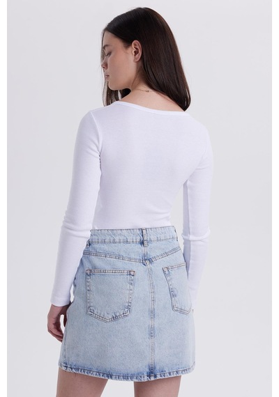 Tudors Kadın Slim Fit Dar Kesim Pamuklu V Yaka Beyaz Bluz-38829 Beyaz