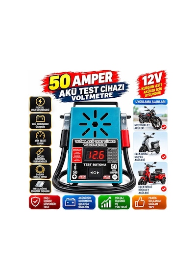 50 Ah Akü Test Cihazı Dijital Voltmetre 12v Kurşun Asit Aküler İçin Yük Test Cihazı - 938796645