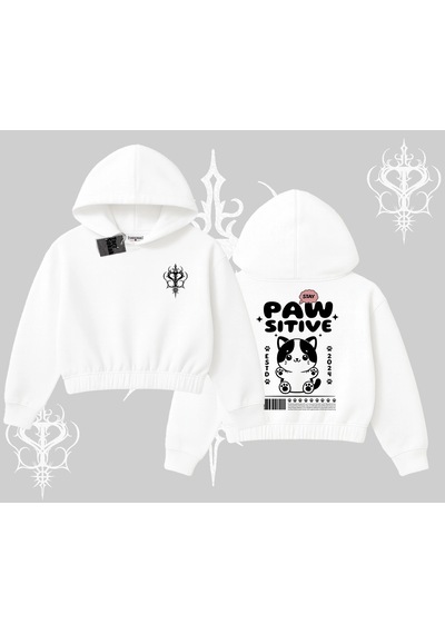 Startmore Paw Sitive Kedi Arka Baskılı Kapşonlu Crop Sweatshirt Beyaz