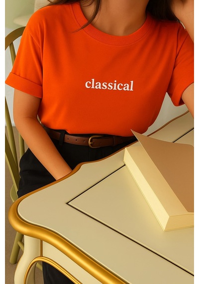 Classıcal Baskılı Oversize Unisex Tişört Turuncu