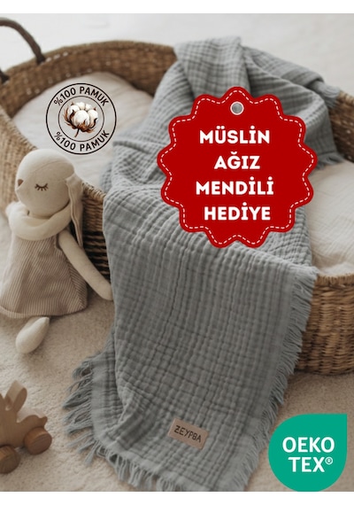 Zeypba Bebek & Çocuk İçin % 100 Pamuk 4 Katlı Müslin Gri 110x110 CM