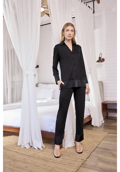 E-bulurum Kadın Uzun Kollu Önü Düğmeli Gömlek Yaka Pijama Takımı Siyah