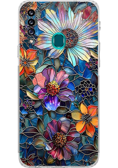 Printify Samsung Galaxy A20s İle Uyumlu Vitray Mücevher Flora Tasarımlı Şeffaf Silikon Kılıf Şeffaf