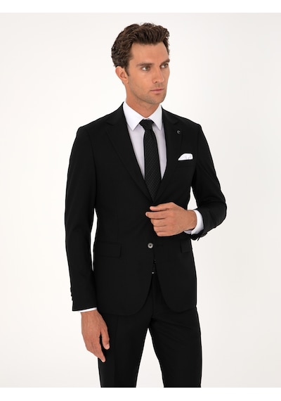 Cacharel Siyah Slim Fit Mikro Desenli Mono Yaka Yün Karışımlı Takım Elbise