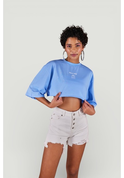 Holly Lolly Bisiklet Yaka Holly Crop Tshirt Mavi