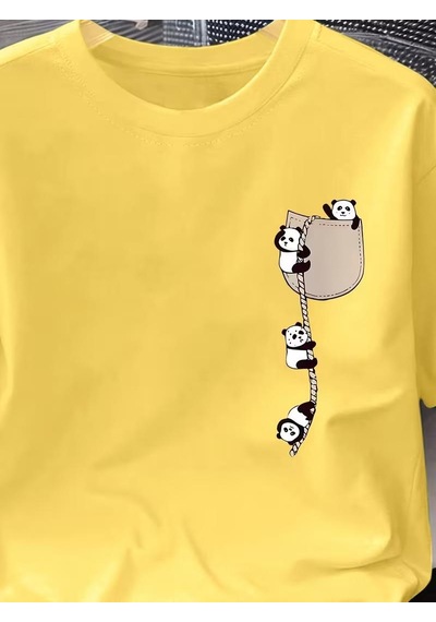 Sevimli Panda Grafikli İpli Cep Detaylı Kısa Kollu Oversize Unisex Bisiklet Yaka Tişört Sari