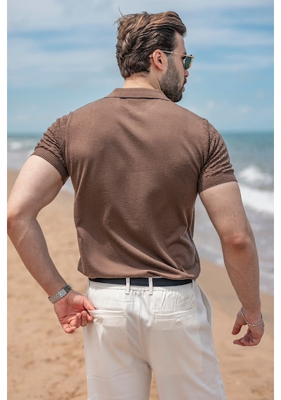 Madmext Açık Kahverengi Regular Fit Polo Yaka Triko Erkek Tişört E7503