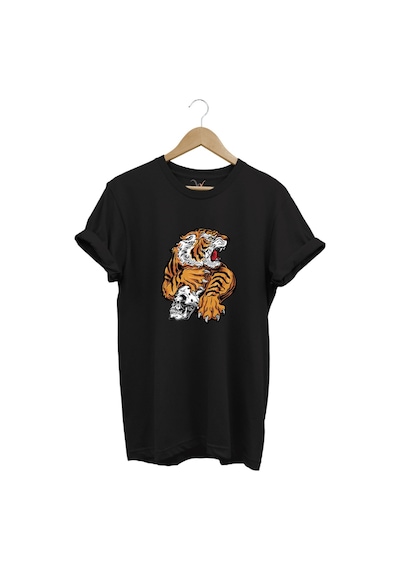 Vahşi Kaplan Tasarım Ve Kuru Kafa Baskılı %100 Pamuk Regular Fit Bisiklet Yaka Siyah T-shirt Siyah