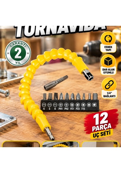 12 Parça Esnek Akrobat Vidalama Uç Seti 1/4" Bağlantılı Dar Alan Uyumlu