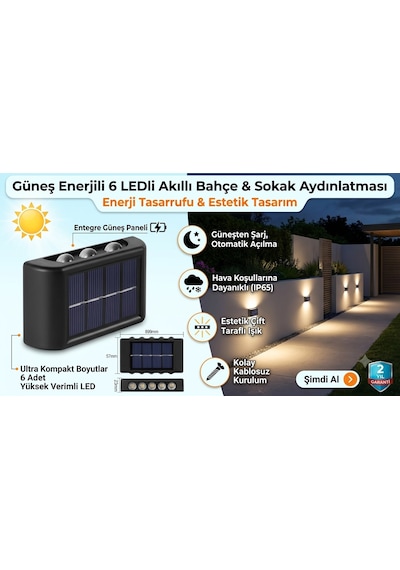 2 Adet Dekoratif Duvara Monteli Gün Işığı Solar Enerji Aplik Led 6 Ledli 3 Üstte 3 Altta Led Mevcut