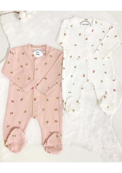 Xmlbayiciniz Myzi Store Organik Yenidoğan Kız Bebek Çiçek Desenli 2li Tulum Takımı Kıyafeti 2'li Pamuklu 2 Parça Çok Renkli