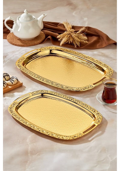 Cooker 2'li Metal Oval Gold Sunum Tepsisi 49x30 Cm Ve 37x23 Cm Ckr3567 Altın